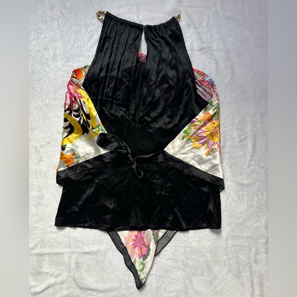 SOLD🩷Cache Vintage Y2K Silk Scarf Floral Print Halter Chain Top in Black Size XL - Picture 12 of 14